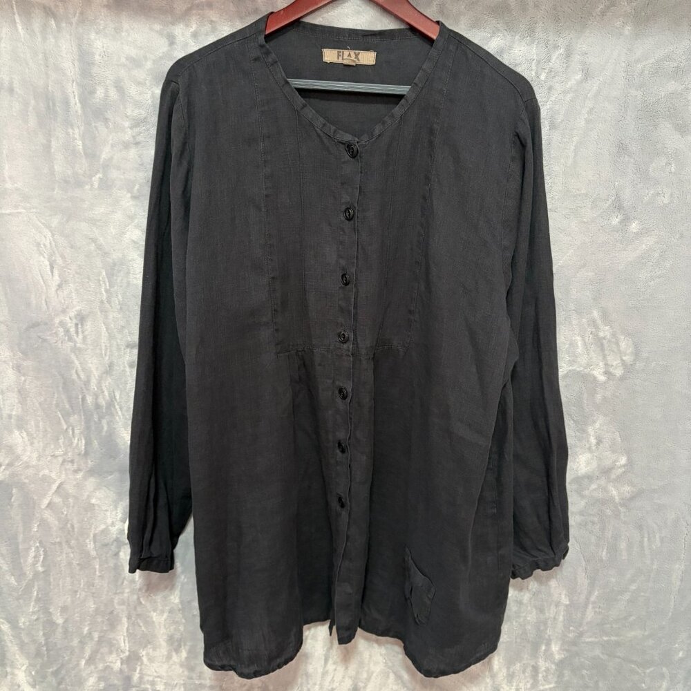 FLAX 100% Linen Tunic Top Lagenlook Oversized Pin-Tuck Shirt Black Size L